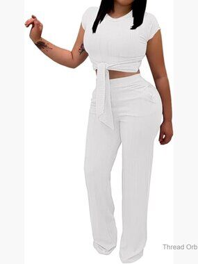 White Ribbed Two Piece Set with Tie Front Crop Top and Wide Leg Pants
